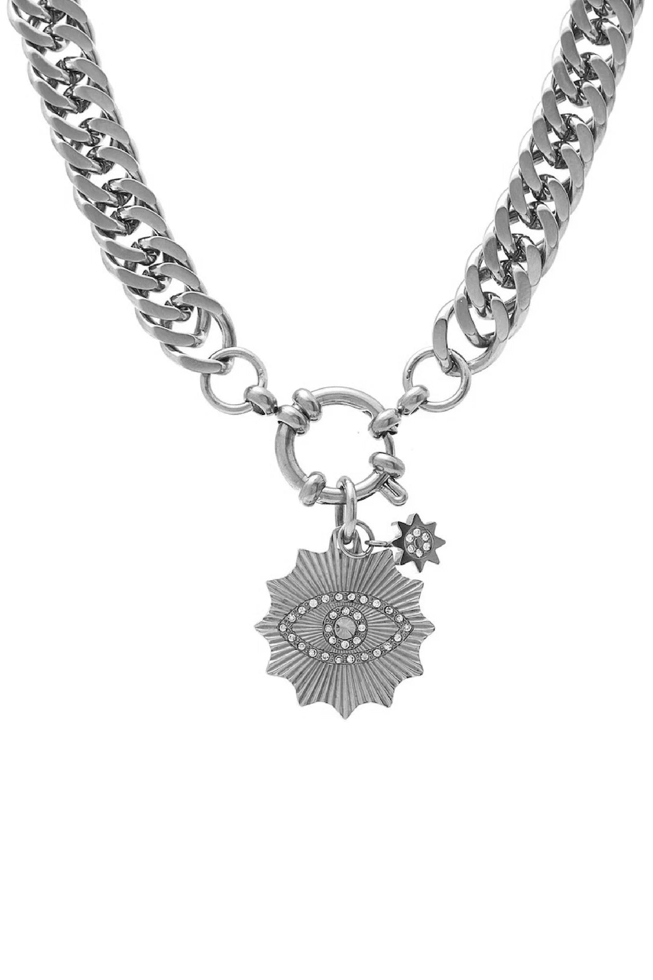 SILK AND STEEL NOVA NECKLACE  SILVER NECKLACE CHUNKY CHAIN CURB CHAIN CHAIN NECKLACE EVIL EYE EVIL EYE CHARM SUNBURST CHARM CRYSTAL CHARM TOGGLE CLASP STATEMENT NECKLACE LAYERING NECKLACE CHARM NECKLACE SILVER JEWELLERY SILVER CHAIN BOLD JEWELLERY FASHION JEWELLERY PROTECTIVE SYMBOL LUCKY CHARM EYE PENDANT EVERYDAY JEWELLERY WOMENS JEWELLERY MODERN JEWELLERY LUXE STYLE MINIMAL GLAM LAYERING PIECE SILVER PENDANT CUBIC ZIRCONIA GIFT IDEA