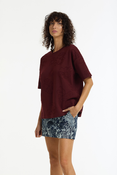 BLAK OFF DUTY FLORA TEE COTTON NYLON FLORAL EMBROIDERY TOP MAROON