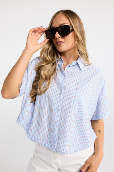 INK PAGES SHIRT BLUE/BROWN STRIPE WHITE/BLUE STRIPE COTTON SHIRT CROPPED SHIRT STRIPED SHIRT SUMMER SHIRT LIGHTWEIGHT SHIRT SHORT SLEEVE SHIRT GATHERED HEM SHIRT