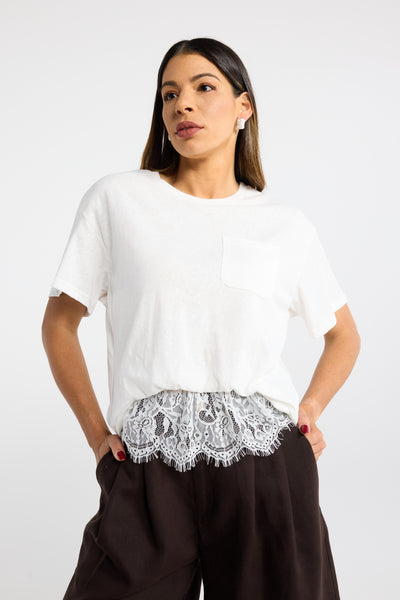 INK PARLOUR TEE WHITE LACE TRIM TOP WHITE TSHIRT LACE FRILL TOP WHITE LACE TEE WHITE LACE TSHIRT TSHIRT WITH POCKET
