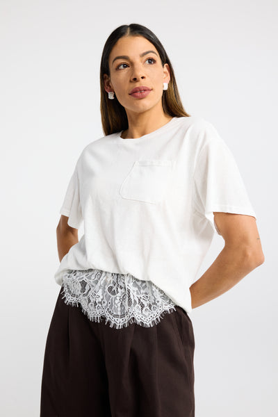 INK PARLOUR TEE WHITE LACE TRIM TOP WHITE TSHIRT LACE FRILL TOP WHITE LACE TEE WHITE LACE TSHIRT TSHIRT WITH POCKET