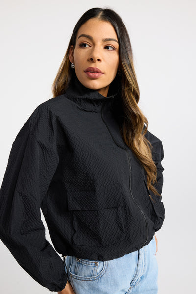 INK PAVER JACKET CEMENT BLACK WHITE SHELL JACKET LIGHT WEIGHT JACKET FUNNEL NECK CROPPED JACKET FRONT POCKETS SPRING JACKET TEXTURED JACKET