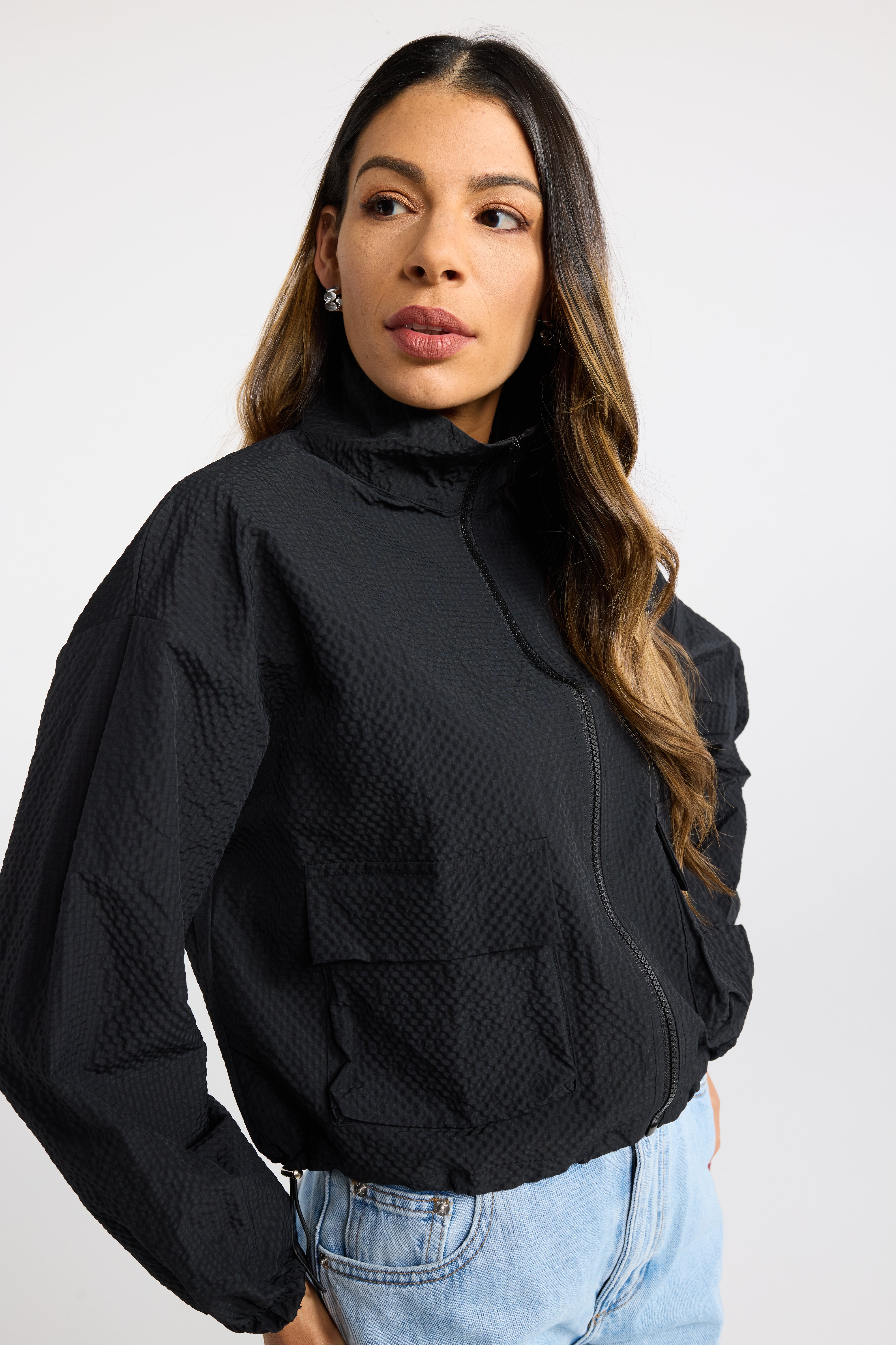 INK PAVER JACKET CEMENT BLACK WHITE SHELL JACKET LIGHT WEIGHT JACKET FUNNEL NECK CROPPED JACKET FRONT POCKETS SPRING JACKET TEXTURED JACKET