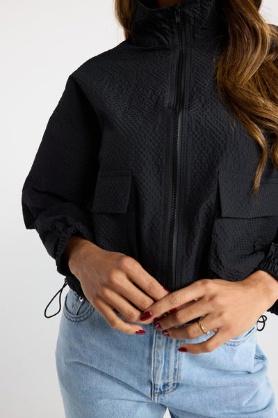 INK PAVER JACKET CEMENT BLACK WHITE SHELL JACKET LIGHT WEIGHT JACKET FUNNEL NECK CROPPED JACKET FRONT POCKETS SPRING JACKET TEXTURED JACKET