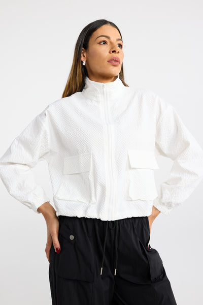INK PAVER JACKET CEMENT BLACK WHITE SHELL JACKET LIGHT WEIGHT JACKET FUNNEL NECK CROPPED JACKET FRONT POCKETS SPRING JACKET TEXTURED JACKET