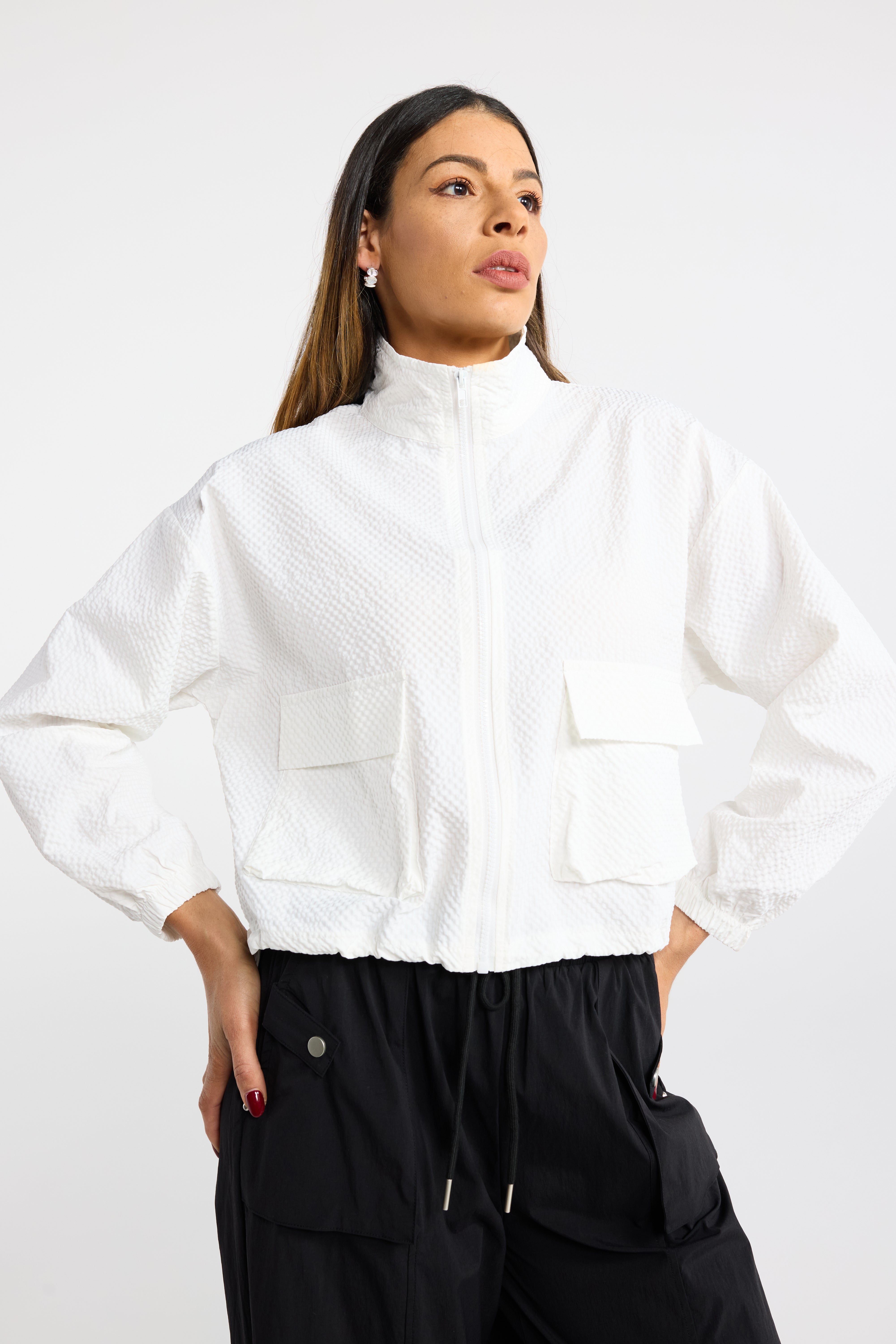 INK PAVER JACKET CEMENT BLACK WHITE SHELL JACKET LIGHT WEIGHT JACKET FUNNEL NECK CROPPED JACKET FRONT POCKETS SPRING JACKET TEXTURED JACKET