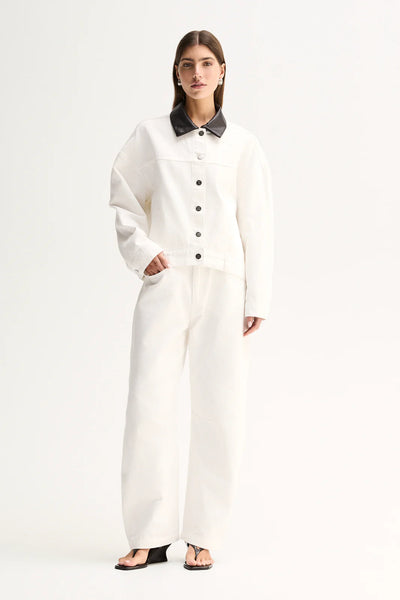 ELKA COLLECTIVE PERKINS DENIM JACKET WHITE VEGAN LEATHER ESPRESSO