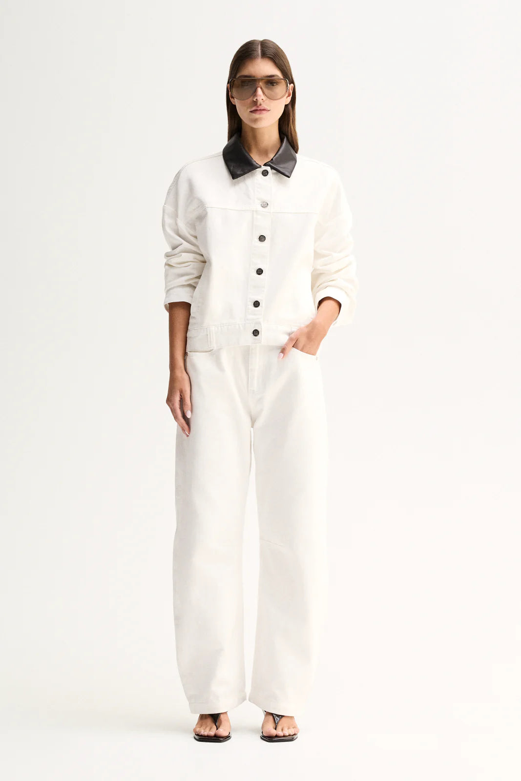 ELKA COLLECTIVE PERKINS DENIM JACKET WHITE VEGAN LEATHER ESPRESSO