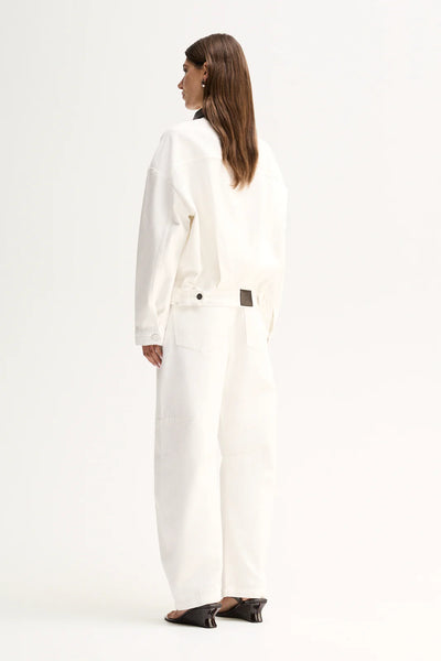 ELKA COLLECTIVE PERKINS DENIM JACKET WHITE VEGAN LEATHER ESPRESSO