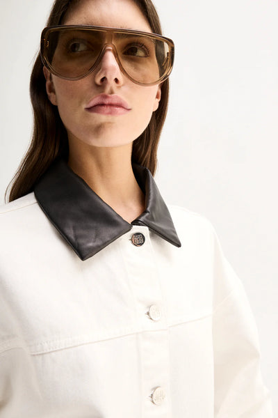 ELKA COLLECTIVE PERKINS DENIM JACKET WHITE VEGAN LEATHER ESPRESSO