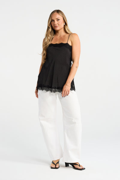 INK PIPPI CAMI BLACK SPOT POLKADOT CAMI LACE TRIM CAMI SHOESTRING SINGLET 90S CAMI SPLIT SEAM CAMI 