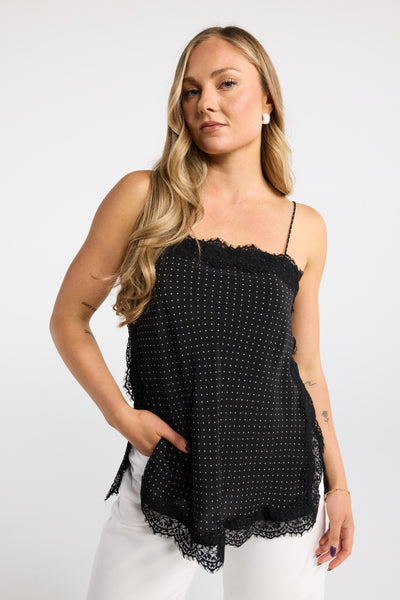 INK PIPPI CAMI BLACK SPOT POLKADOT CAMI LACE TRIM CAMI SHOESTRING SINGLET 90S CAMI SPLIT SEAM CAMI 