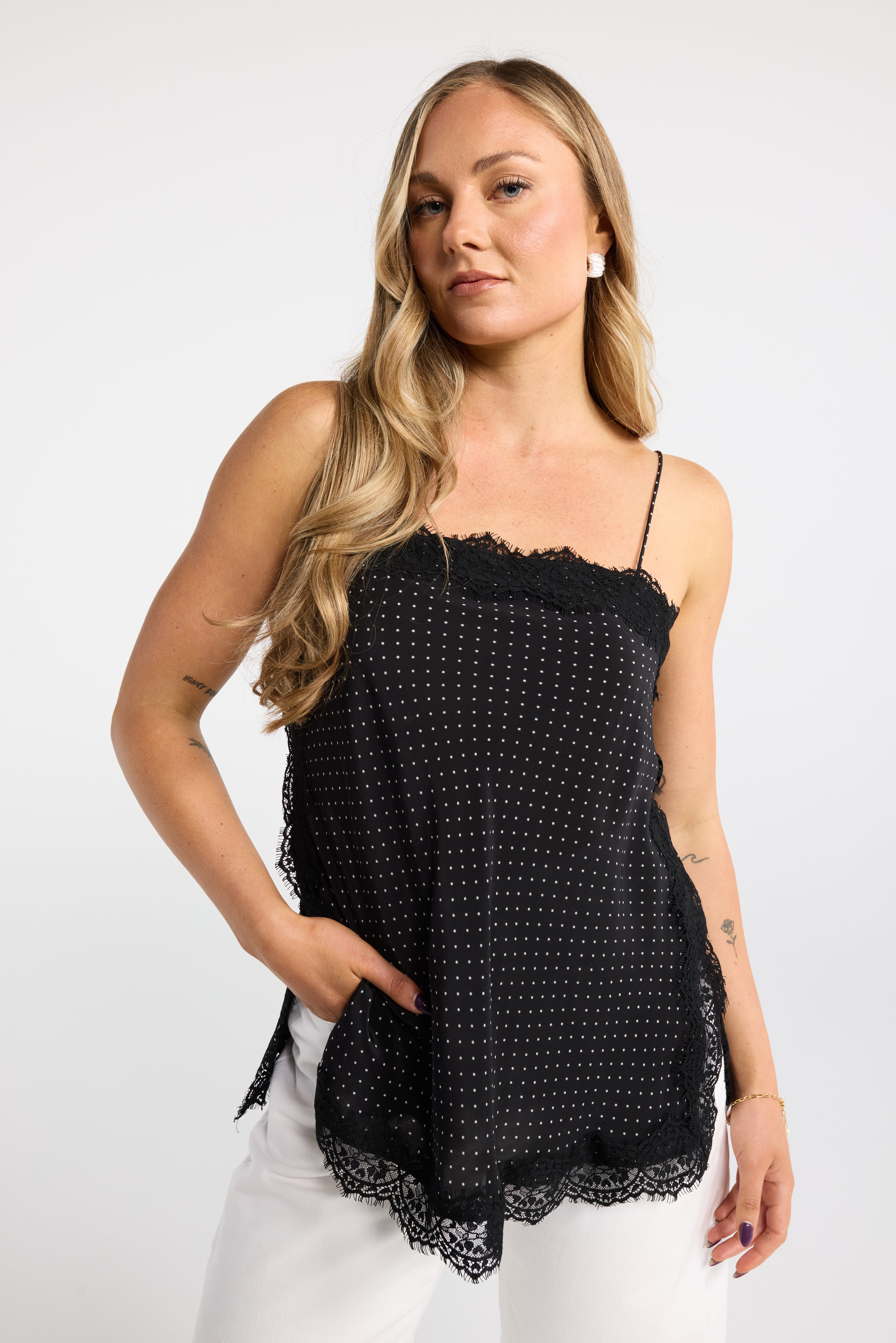 INK PIPPI CAMI BLACK SPOT POLKADOT CAMI LACE TRIM CAMI SHOESTRING SINGLET 90S CAMI SPLIT SEAM CAMI 