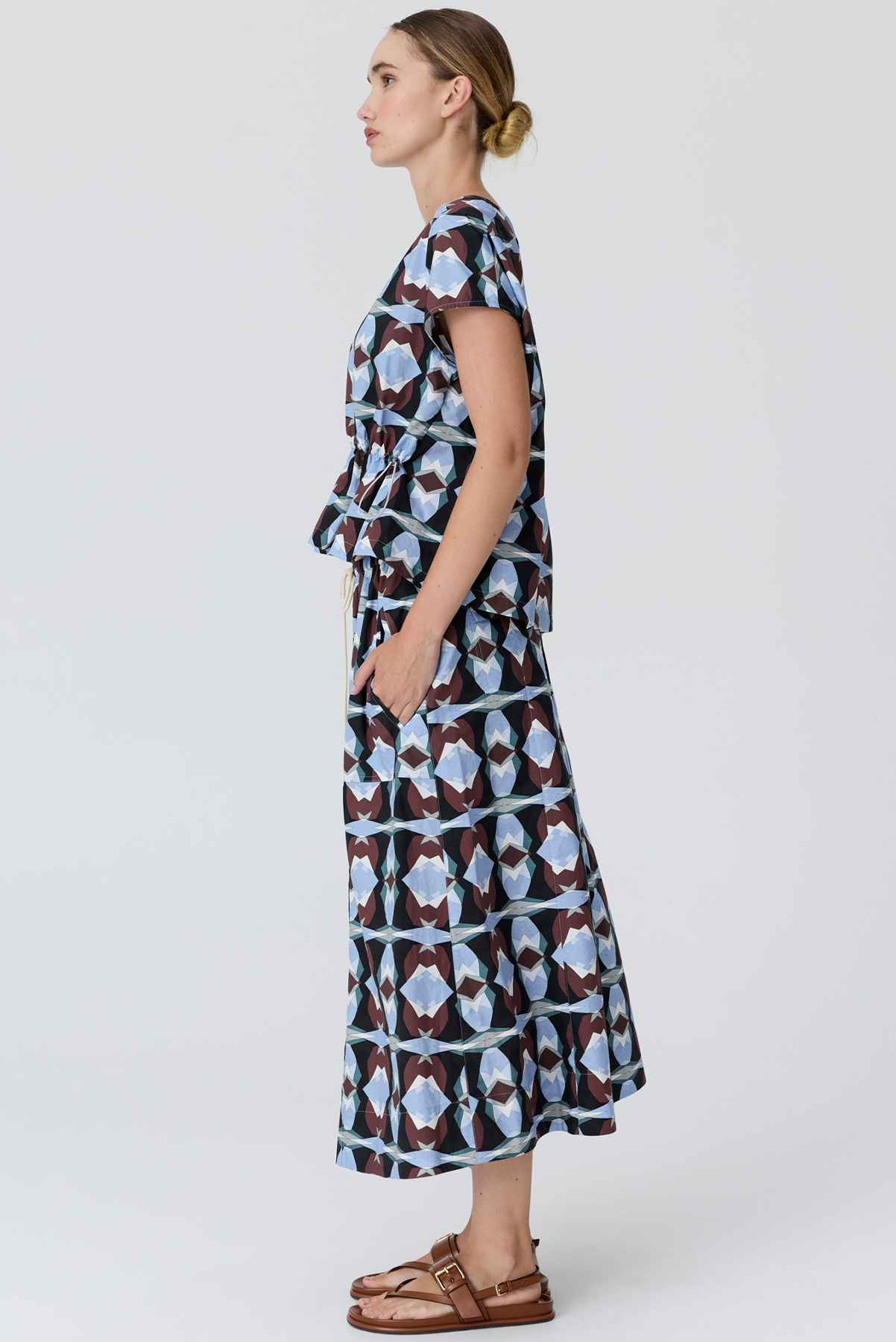 POL THYRA SKIRT COTTON BLUE PRINK MIDI SKIRT