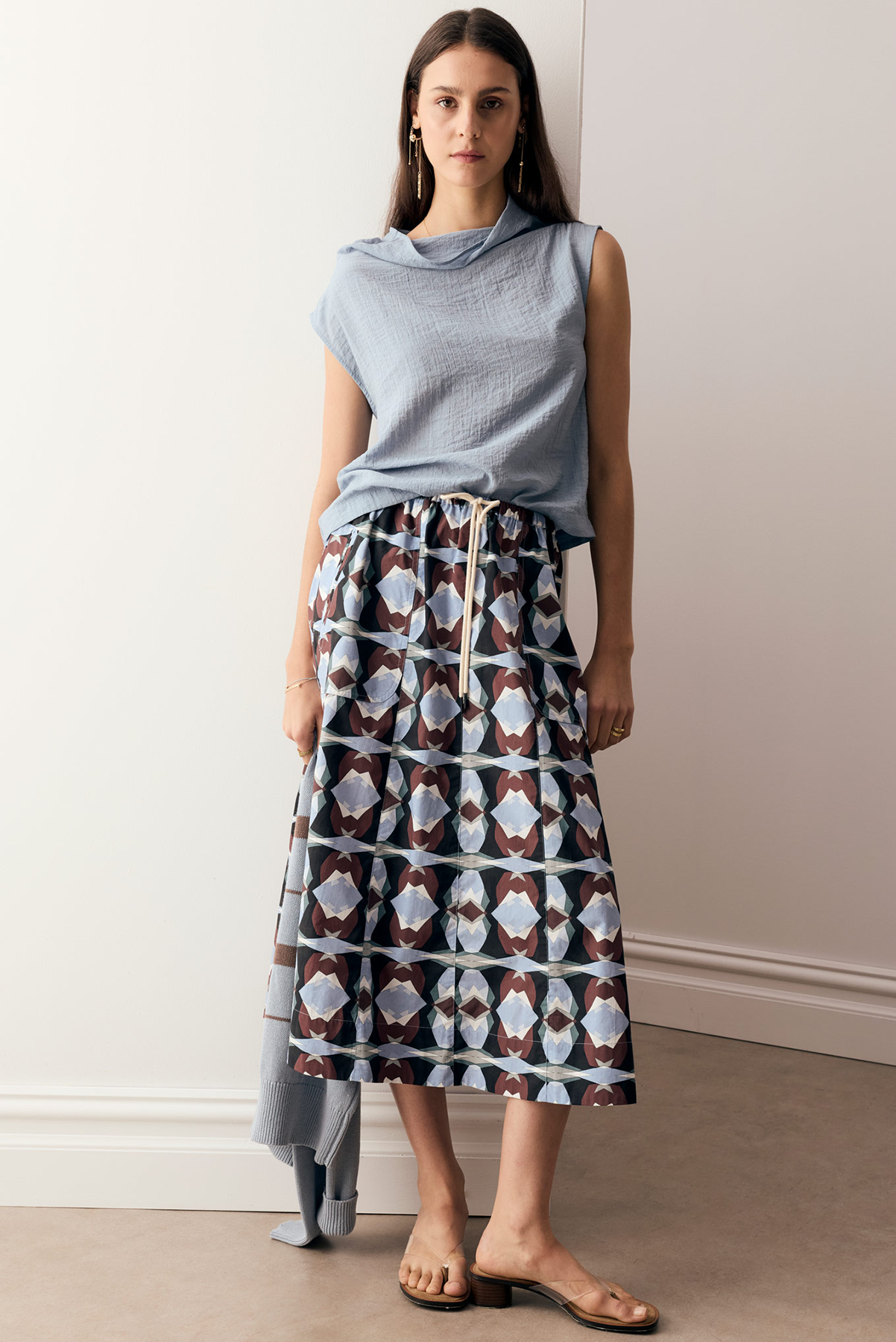 POL THYRA SKIRT COTTON BLUE PRINK MIDI SKIRT