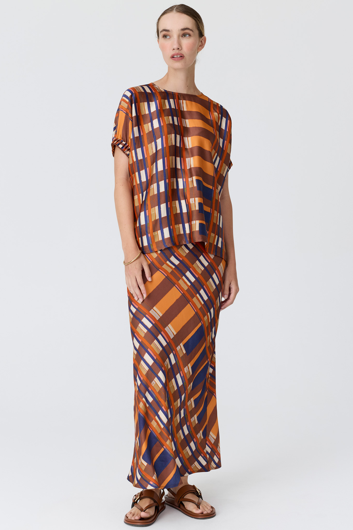 POL LATTICE SKIRT ORANGE STRIPE VISCOLE BIAS SKIRT