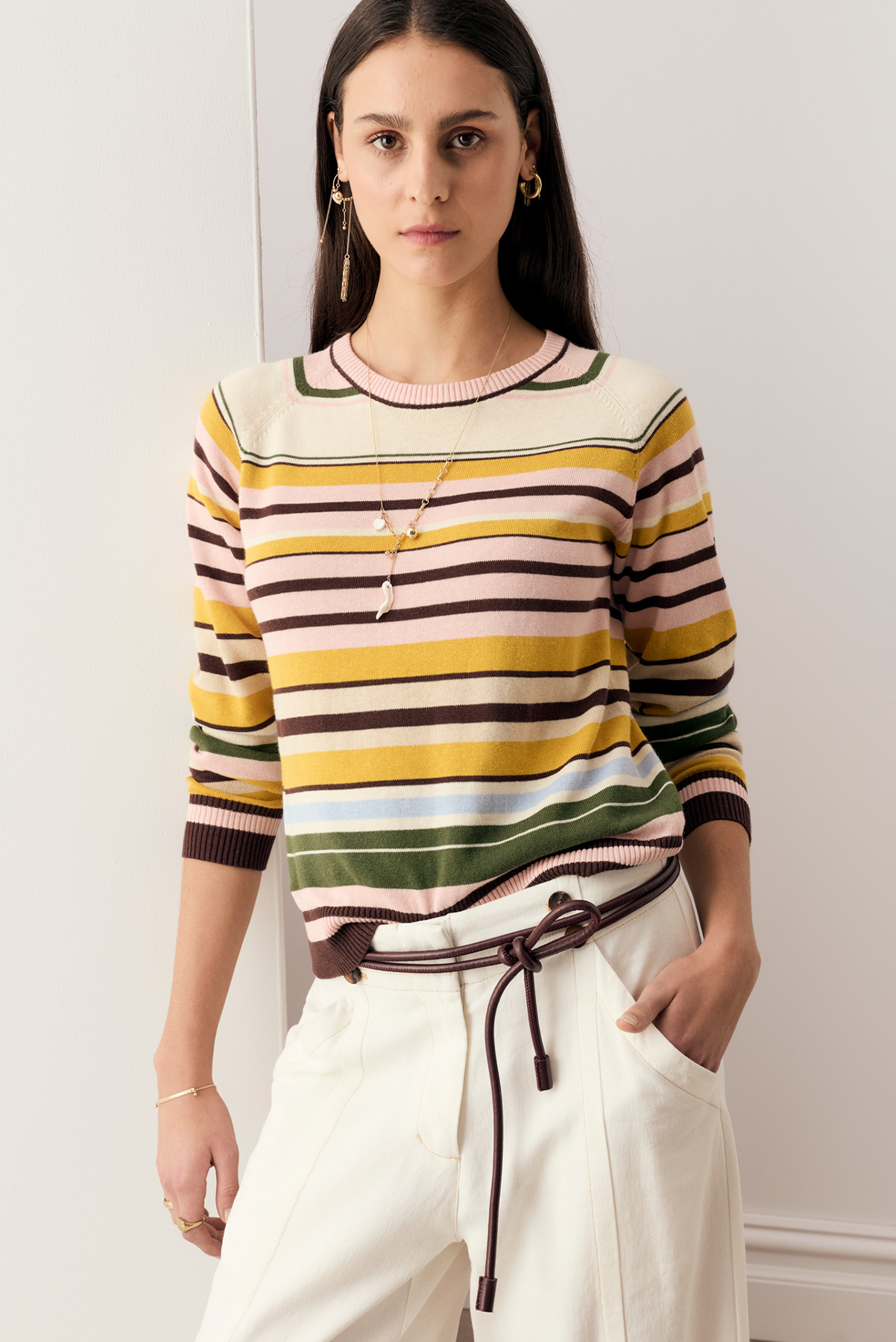 POL TILLER MULTISTRIPE KNIT SWEATER STRIPE YELLOW LINEN COTTON