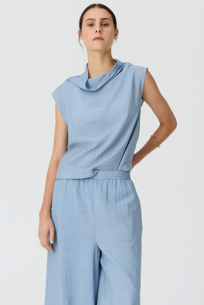POL FENNEL COWL NECK TOP BLUE RAYON NYLON
