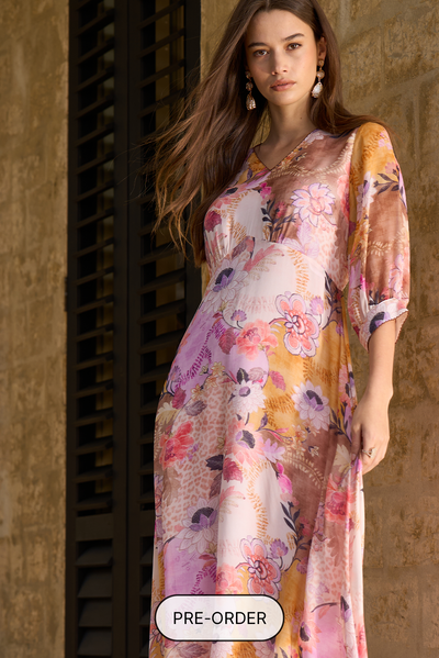 LOOBIES STORY BATIKA MIDI DRESS VISCOSE RAYON PINK MULTI FLORAL PRINT 