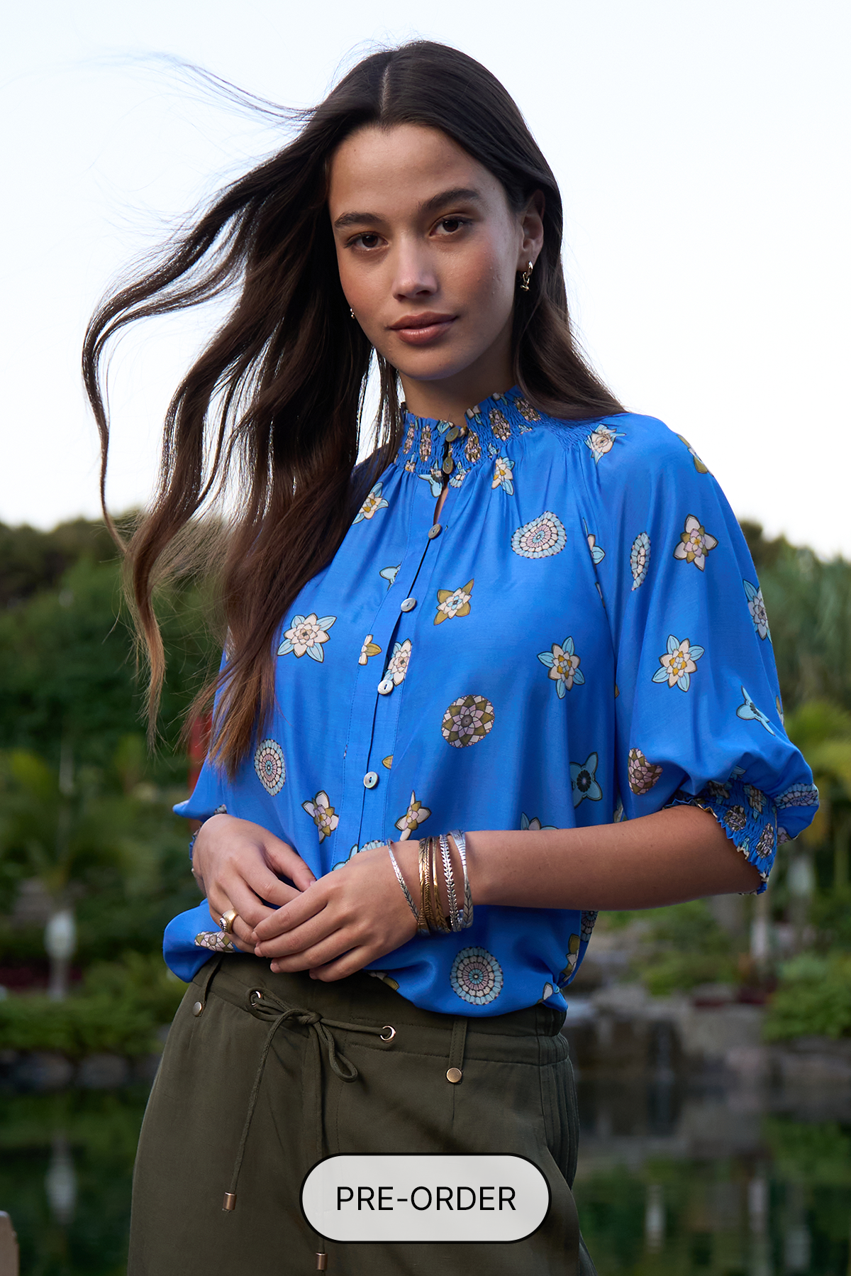 LOOBIES STORY DAMBULLA SHIRT AZURE MULTI BLUE FLORAL PRINT RAYON NYLON BLOUSE