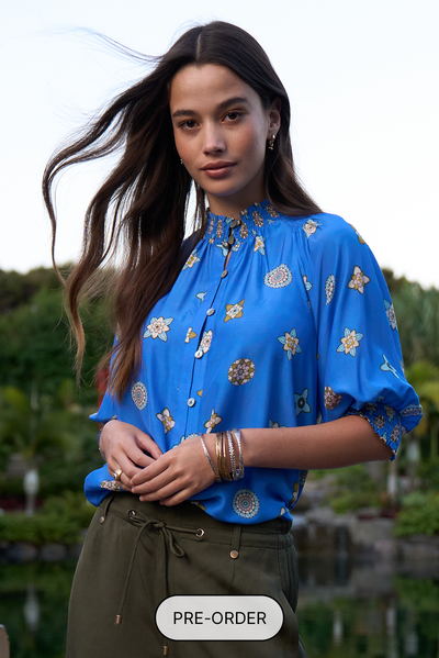 LOOBIES STORY DAMBULLA SHIRT AZURE MULTI BLUE FLORAL PRINT RAYON NYLON BLOUSE