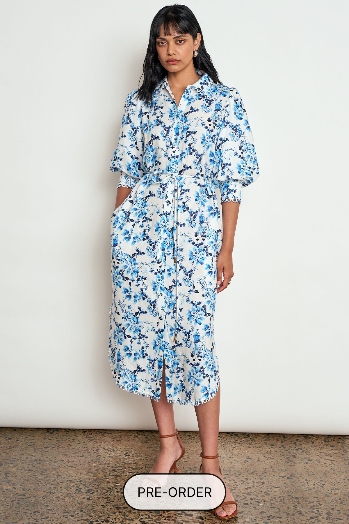 ZOE KRATZMANN HEIR DRESS SONGBIRD BLUE FLORAL LYOCELL LINEN MIDI SHIRT DRESS