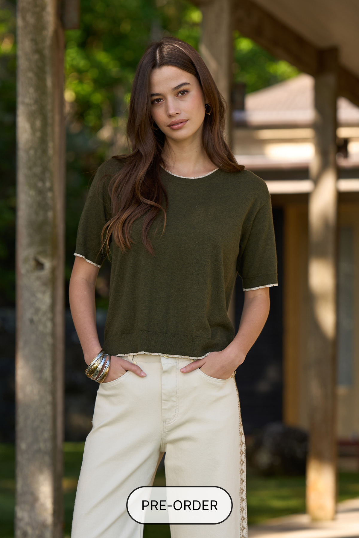 LOOBIES STORY MAHA TEE KNIT TOP CASHMERE COTTON OLIVE SANDALWOOD RUST