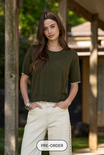LOOBIES STORY MAHA TEE KNIT TOP CASHMERE COTTON OLIVE SANDALWOOD RUST