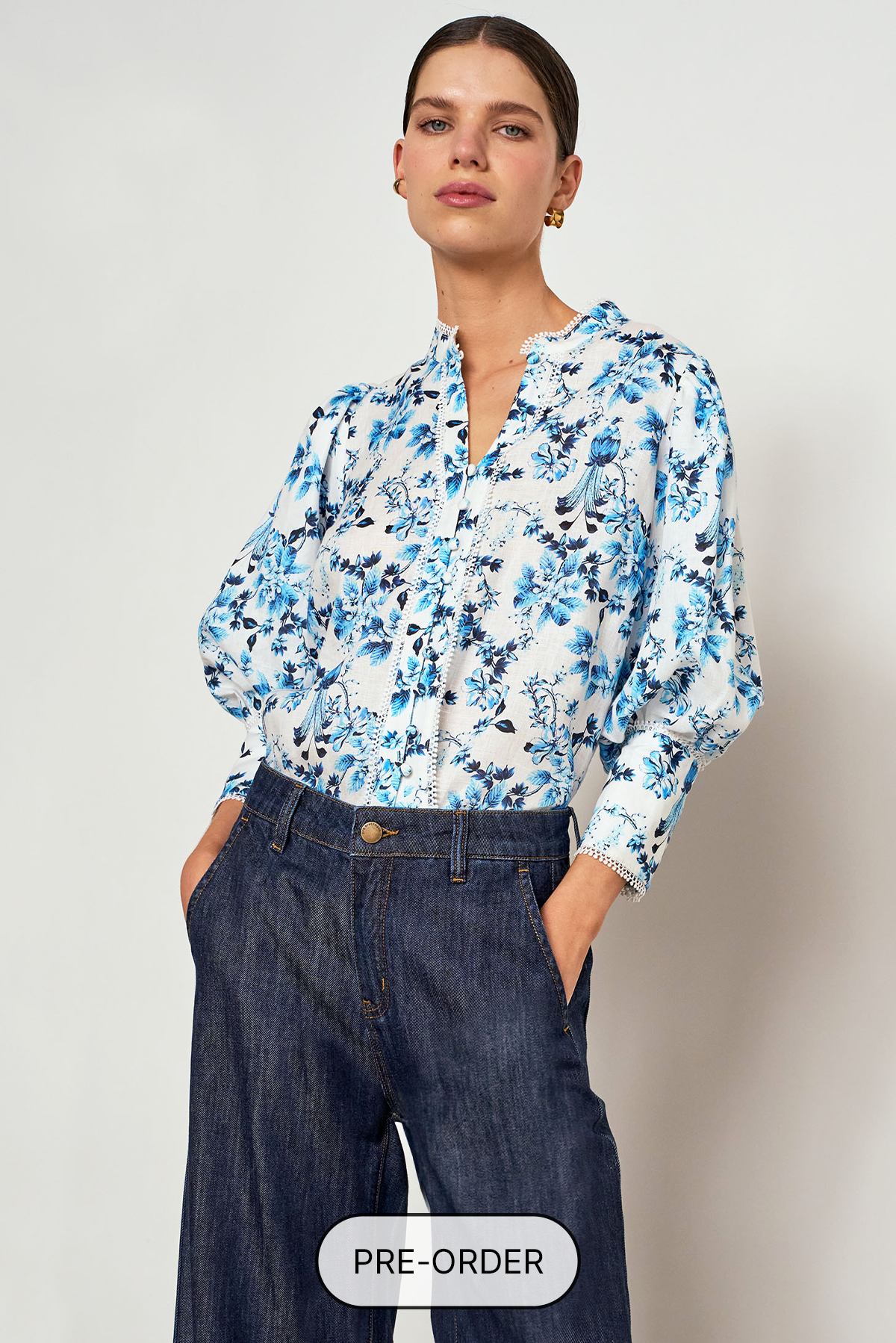 ZOE KRATZMANN PROCLAIM TOP LINEN BLOUSE BLUE FLORAL SONGBIRD