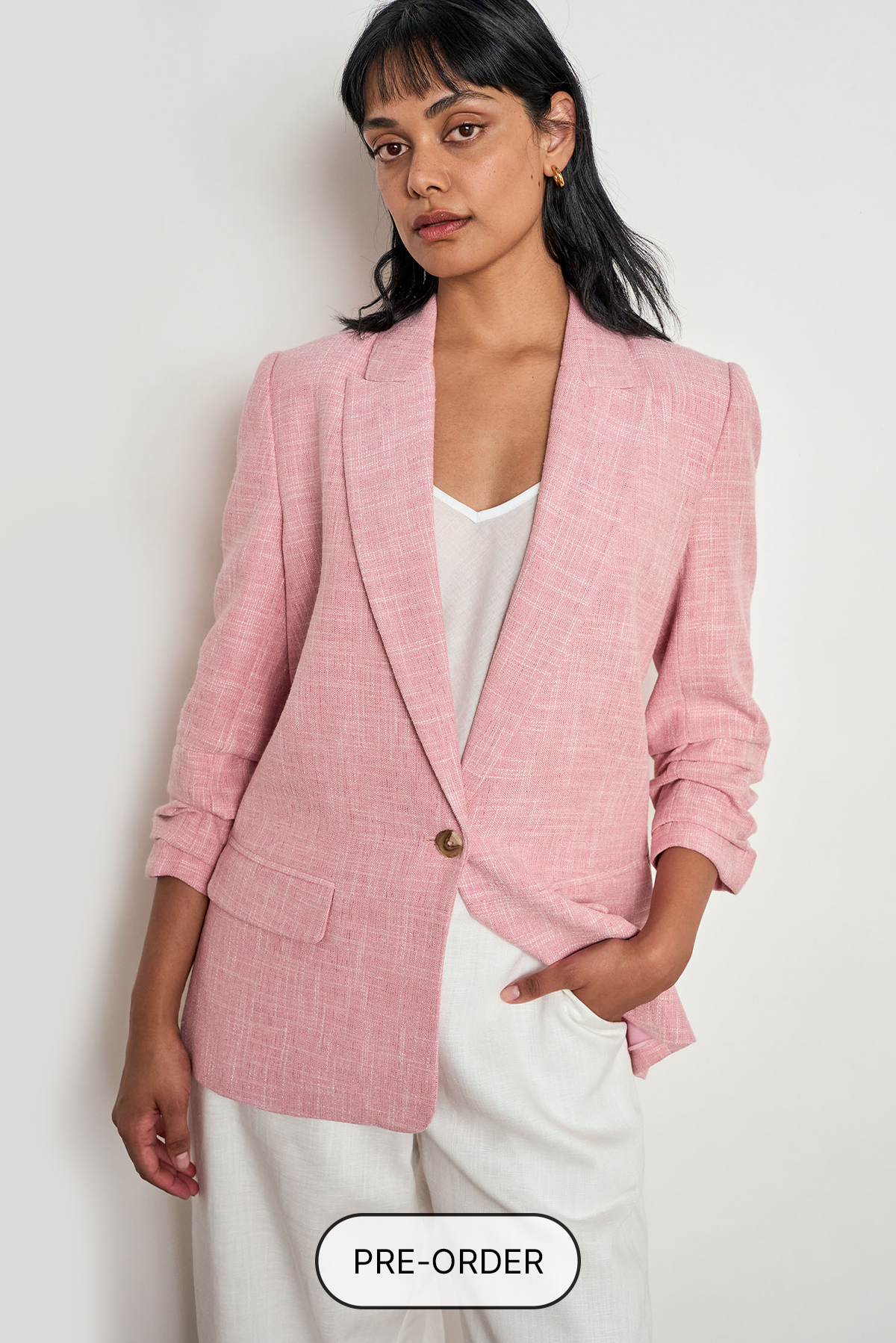 ZOE KRATZMANN REFINE JACKET polyester cotton linen blazer ballet pink and storm grey