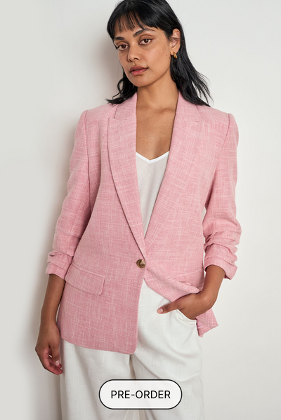 ZOE KRATZMANN REFINE JACKET polyester cotton linen blazer ballet pink and storm grey