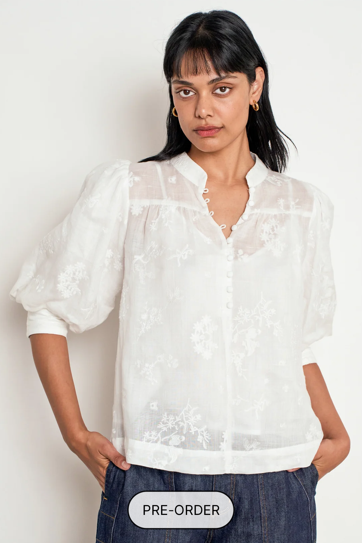 ZOE KRATZMANN POISE TOP RAMIE EMBROIDERED FLORAL WHITE PORCELAIN BLOUSE
