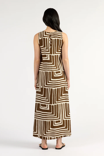 TUESDAY LABEL PEYTON DRESS MAXI BROWN PRINT RAYON NYLON DRESS