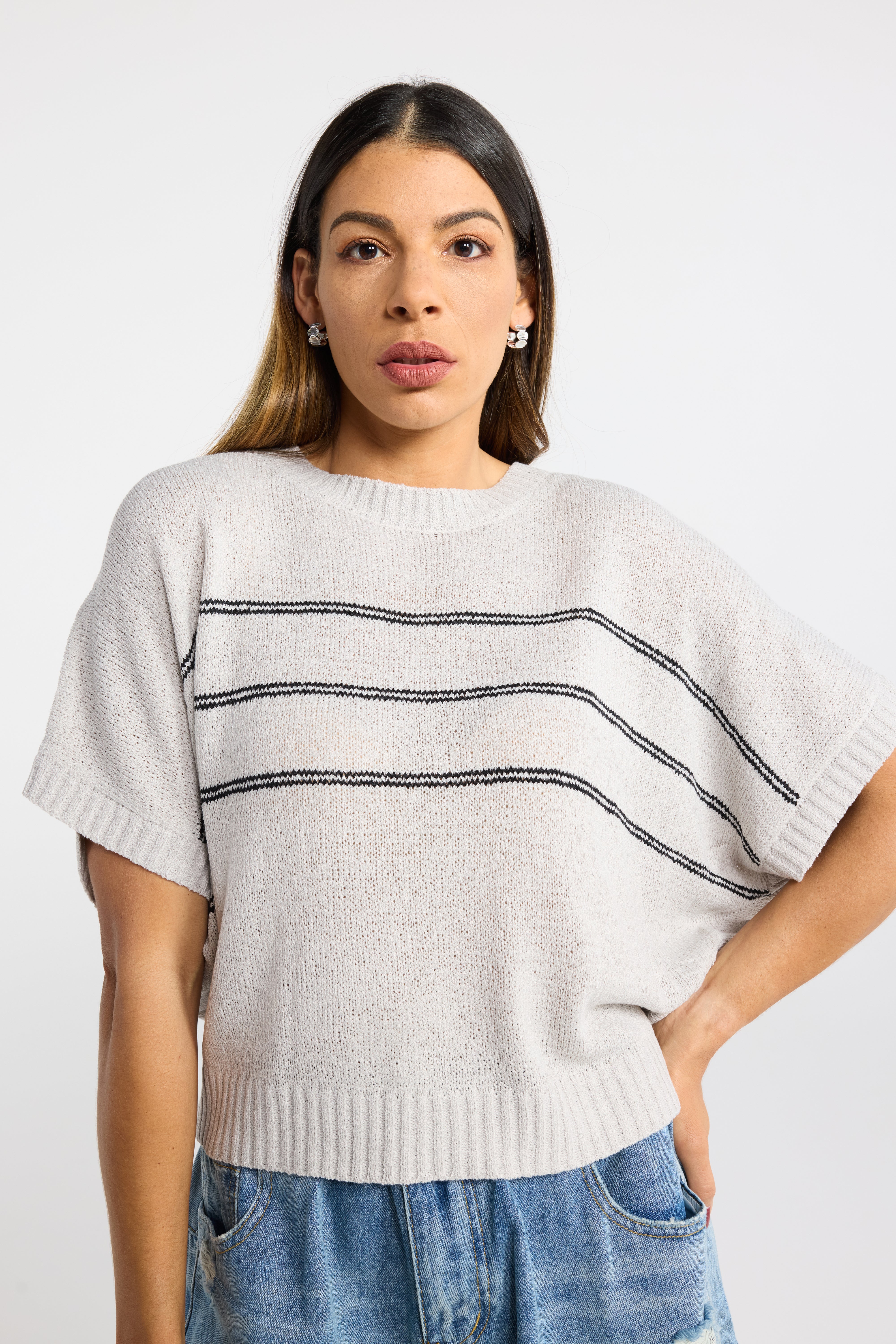 INK RAILS KNIT TOP BAT5 WING BOXY OVERSIZED DOUBLE STRIPE KNIT TOP GREY BLACK