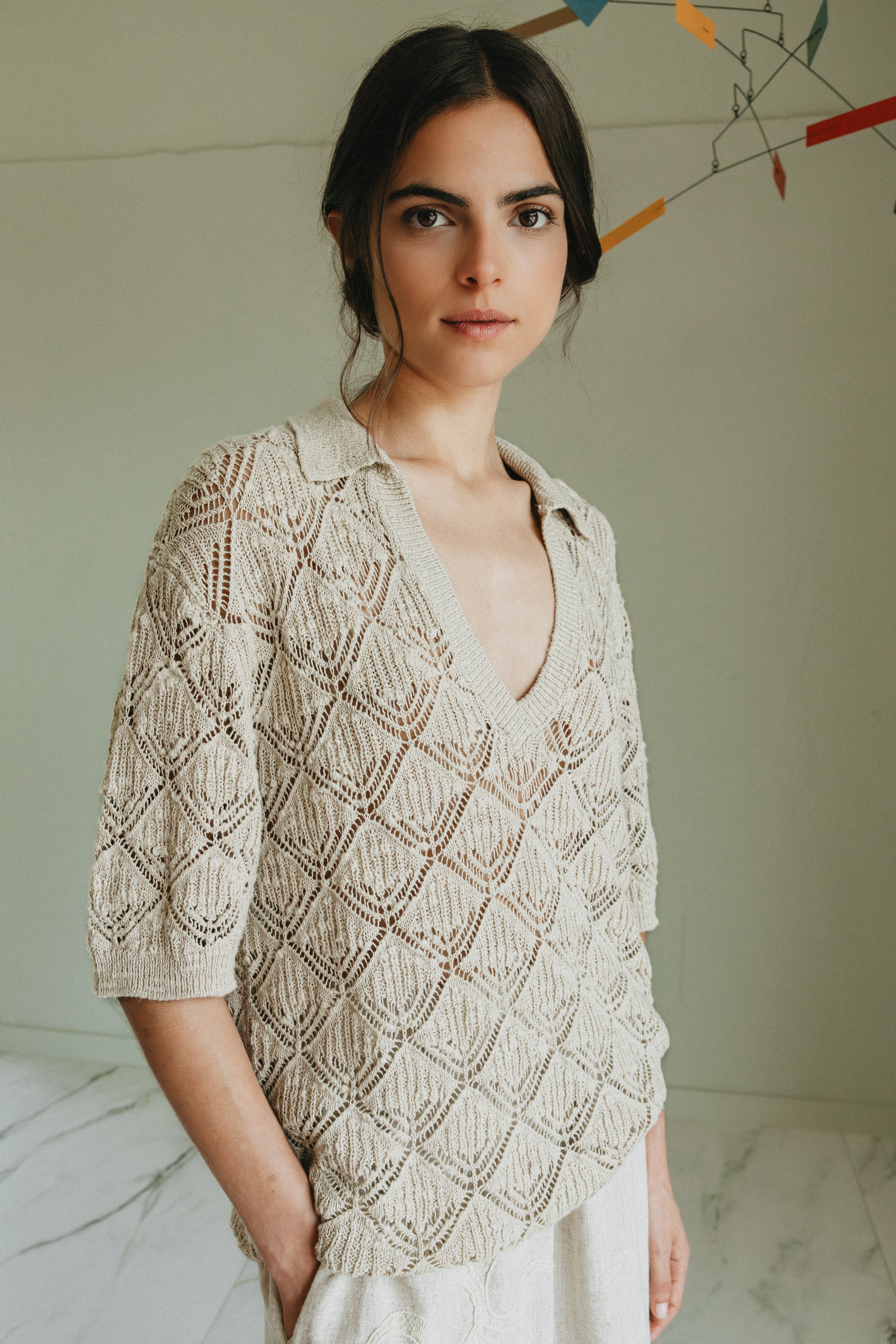 INDI AND COLD OPEN KNIT POLO COTTON VISCOSE LINEN KNIT TOP