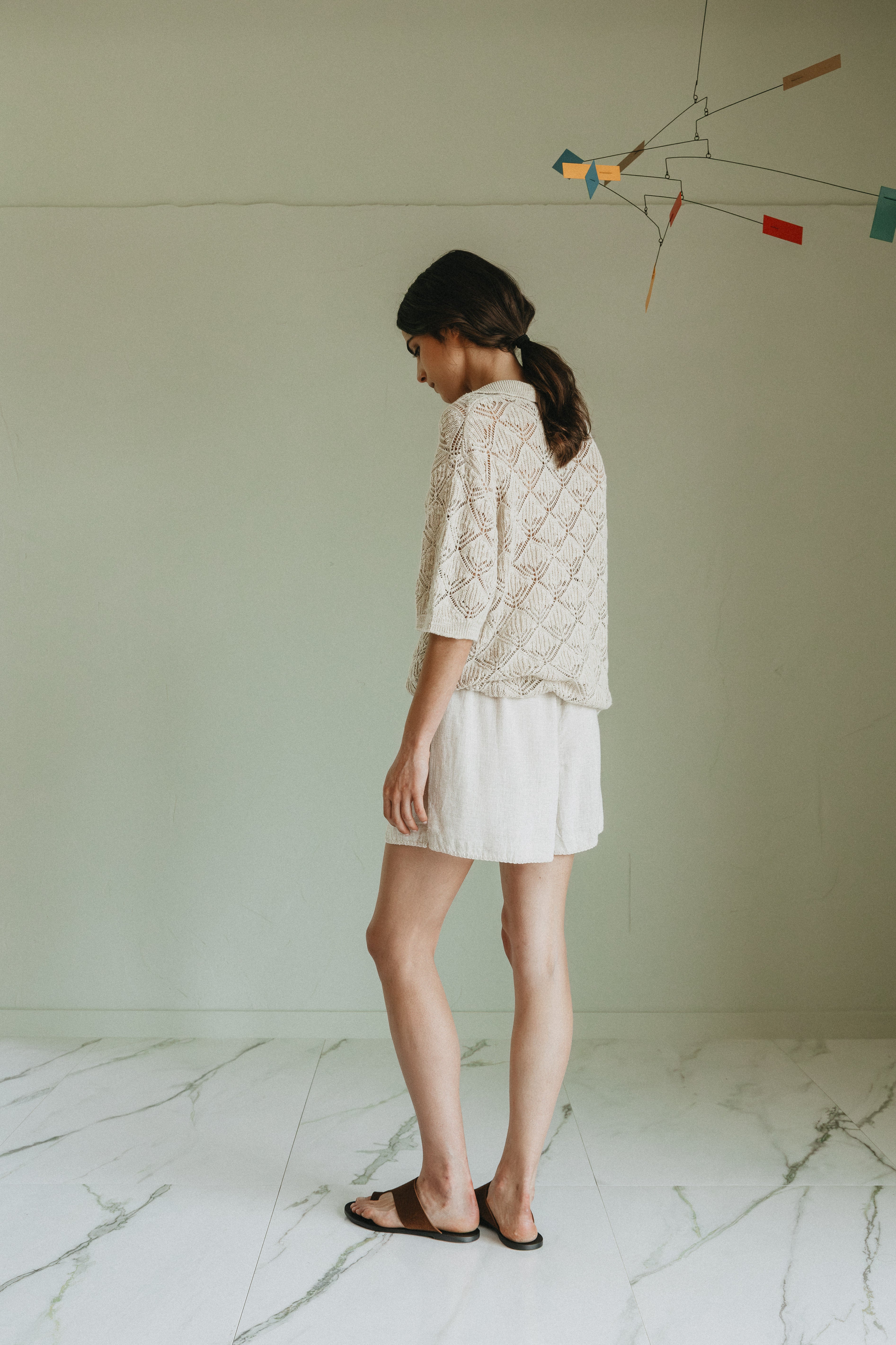 INDI AND COLD OPEN KNIT POLO COTTON VISCOSE LINEN KNIT TOP