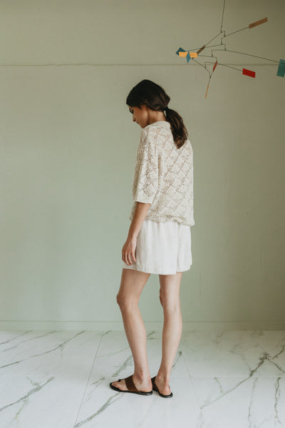 INDI AND COLD OPEN KNIT POLO COTTON VISCOSE LINEN KNIT TOP