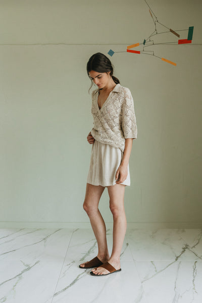 INDI AND COLD OPEN KNIT POLO COTTON VISCOSE LINEN KNIT TOP