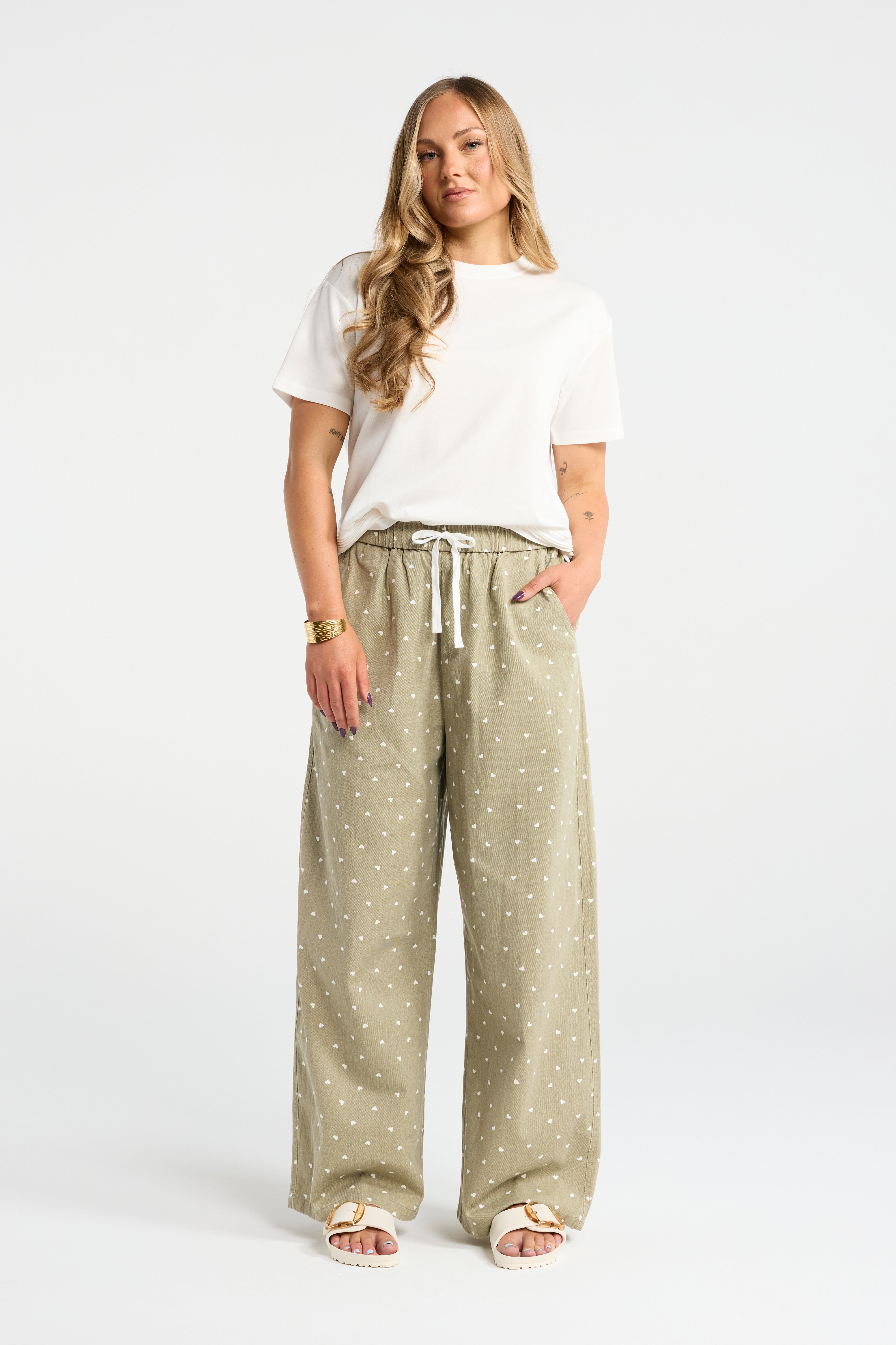 INK ROMEO PANT CEMENT HEART PANTS PULL ON PANTS ELASTIC WAISTBAND COTTON PANT HEART PRINT PANTS 