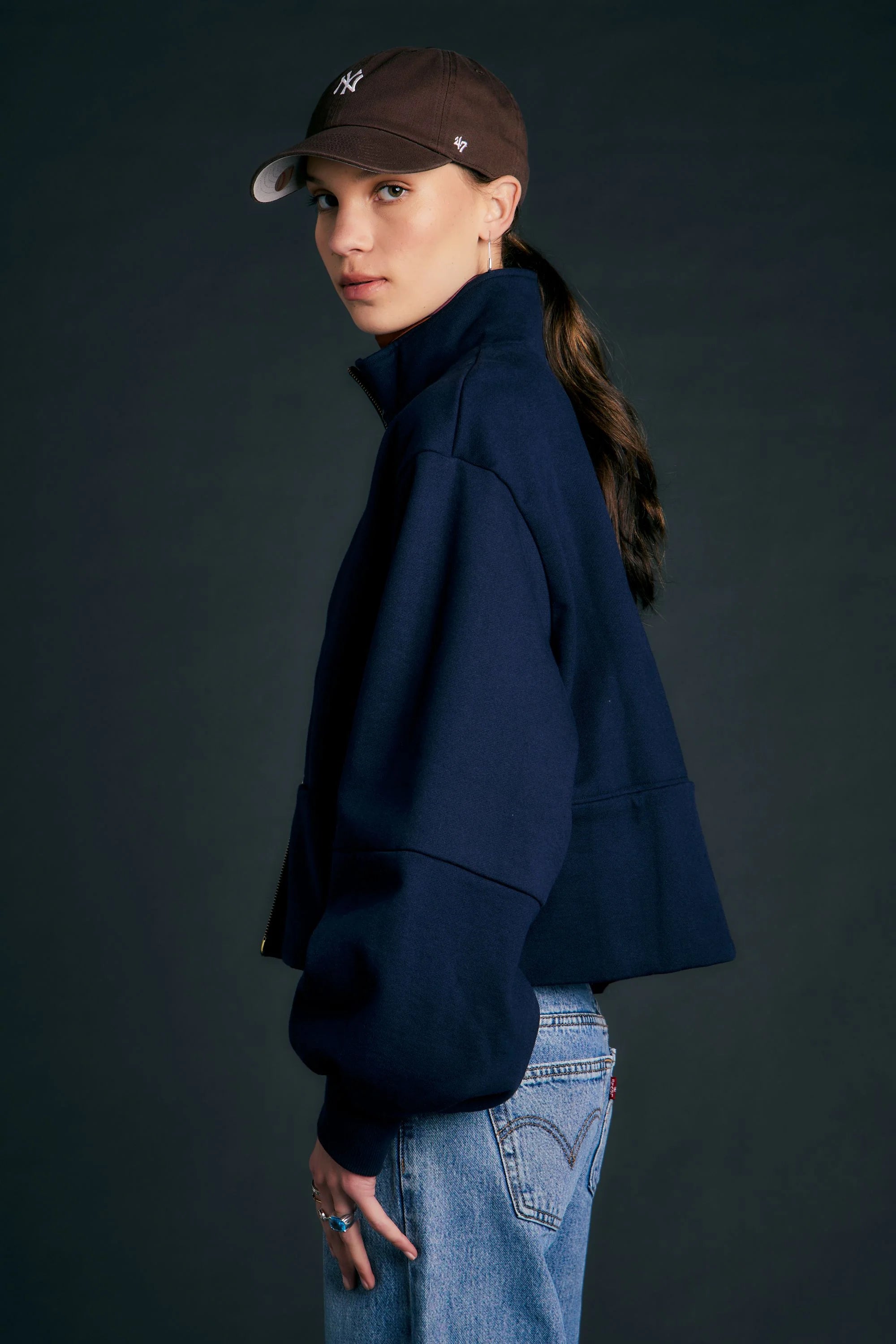 KAREN WALKER RUNAWAY ZIP FRONT SWEATSHIRT NAVY JUMPER