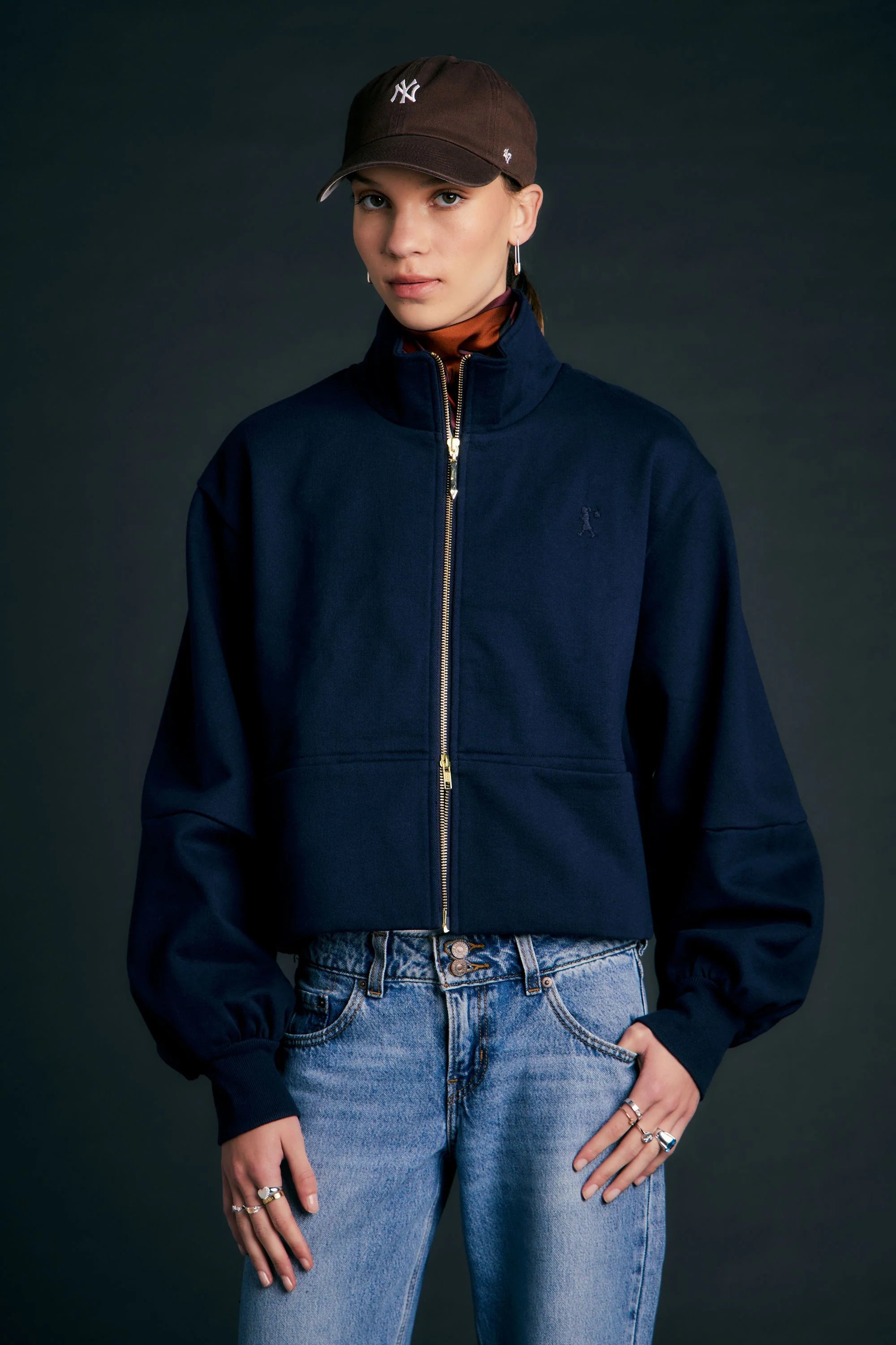 KAREN WALKER RUNAWAY ZIP FRONT SWEATSHIRT NAVY JUMPER