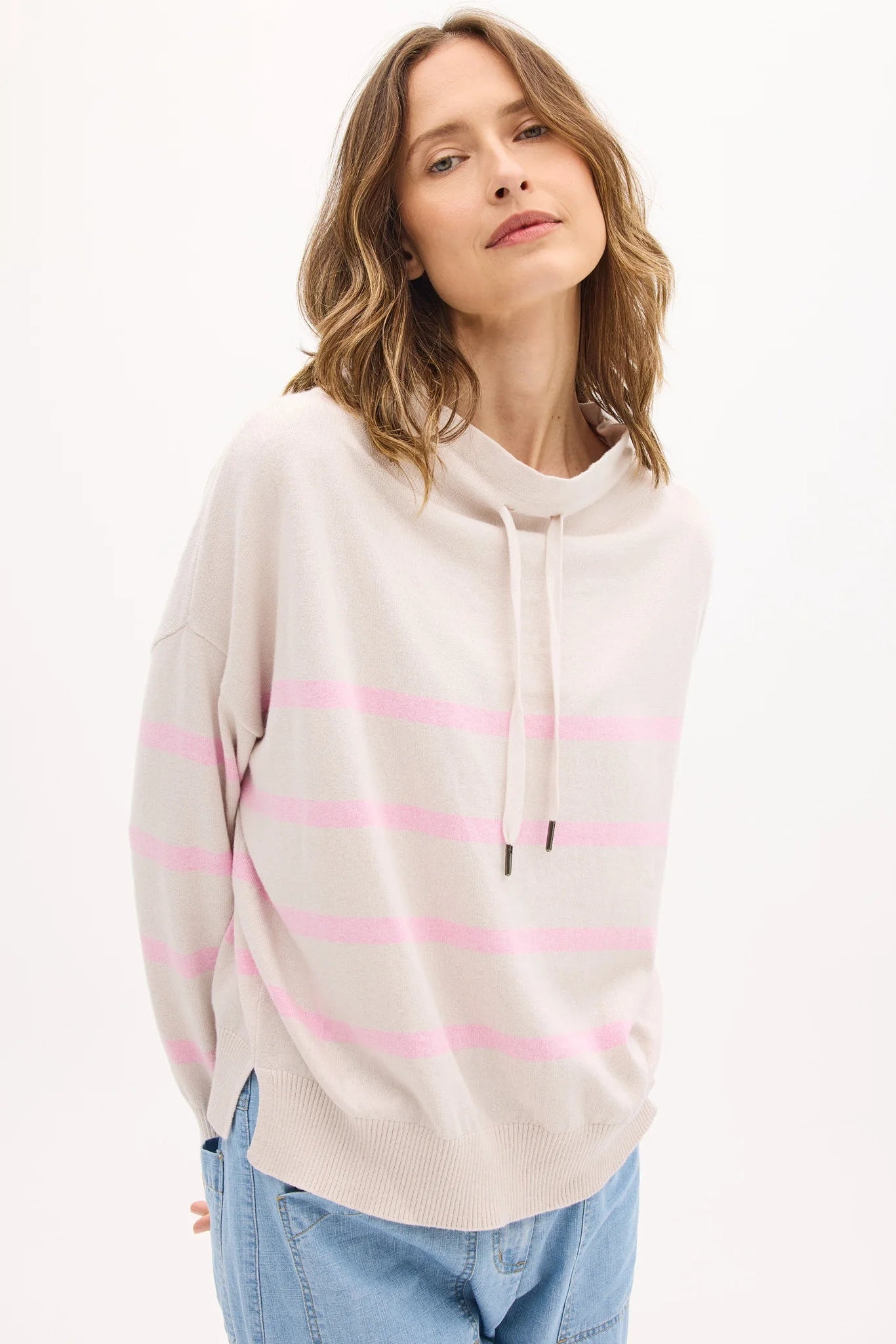 POL ROWAN DRAWCORD KNIT CASHMERE COTTON PINK NATURAL PINK STRIPE RELAXED FIT FUNNEL NECK KNIT TOP SWEATER 