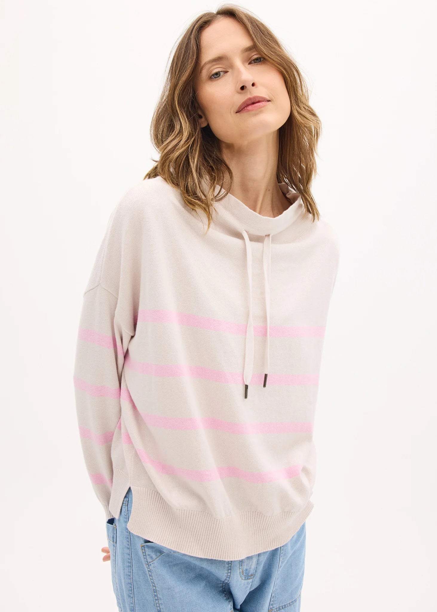 POL ROWAN DRAWCORD KNIT CASHMERE COTTON PINK NATURAL PINK STRIPE RELAXED FIT FUNNEL NECK KNIT TOP SWEATER 