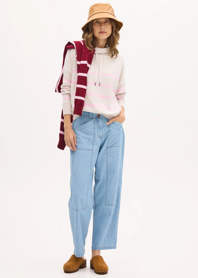 POL ROWAN DRAWCORD KNIT CASHMERE COTTON PINK NATURAL PINK STRIPE RELAXED FIT FUNNEL NECK KNIT TOP SWEATER 