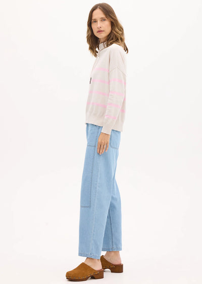 POL ROWAN DRAWCORD KNIT CASHMERE COTTON PINK NATURAL PINK STRIPE RELAXED FIT FUNNEL NECK KNIT TOP SWEATER 