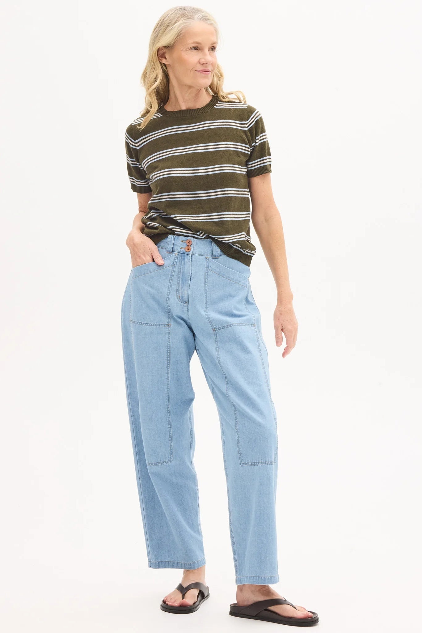POL ROWAN STRIPE TEE CASHMERE COTTON GREEN OLIVE KHAKI BLUE LIGHT BLUE SKY BLUE YELLOW BUTTER CHALK STRIPE RELAXED FIT ROUND NECK SHORT SLEEVE KNIT TOP SWEATER 