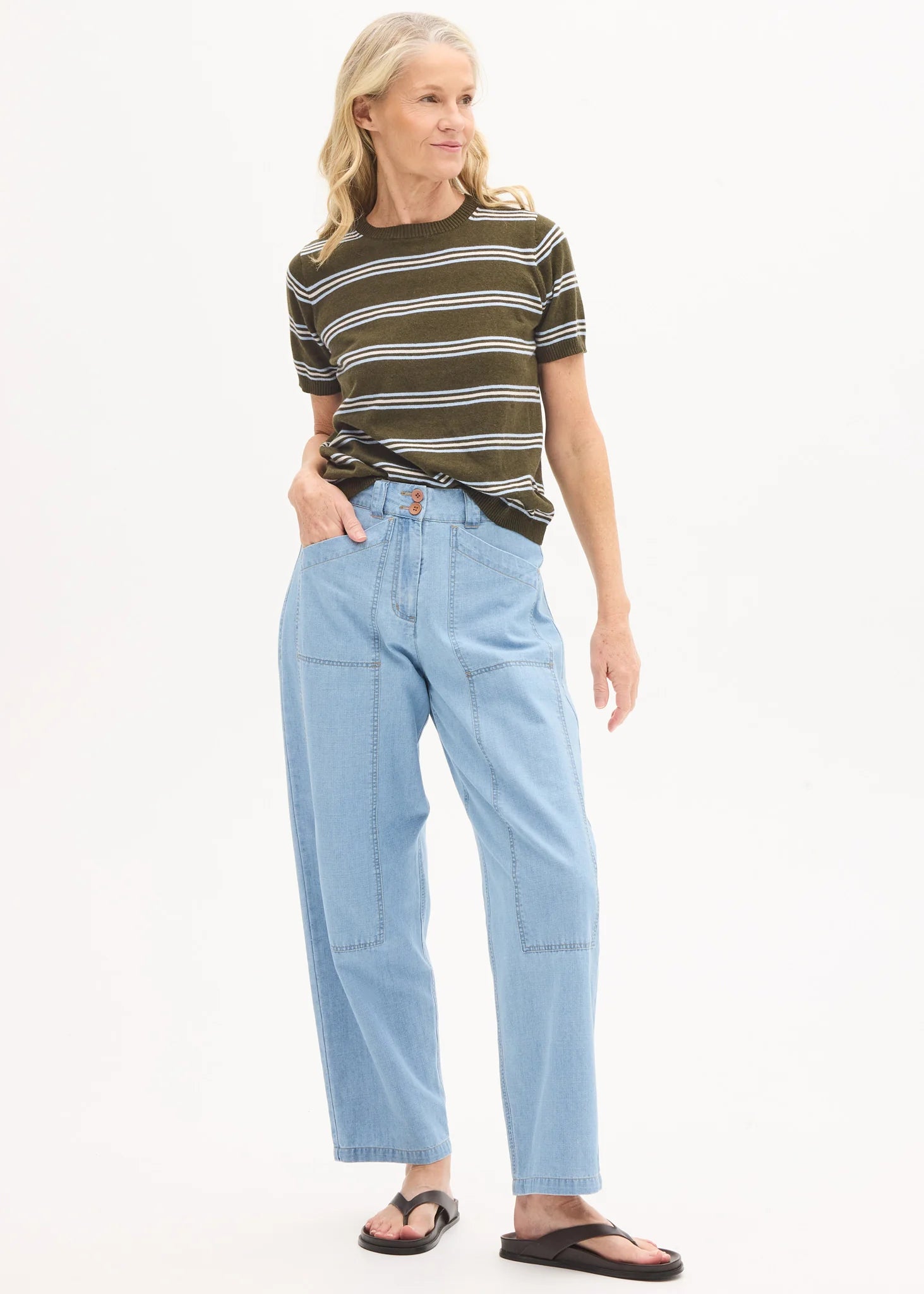 POL ROWAN STRIPE TEE CASHMERE COTTON GREEN OLIVE KHAKI BLUE LIGHT BLUE SKY BLUE YELLOW BUTTER CHALK STRIPE RELAXED FIT ROUND NECK SHORT SLEEVE KNIT TOP SWEATER 