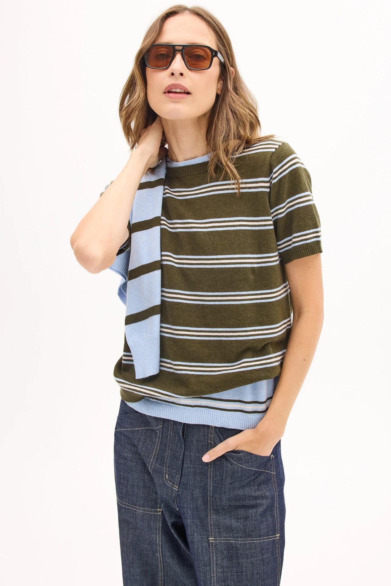 POL ROWAN STRIPE TEE CASHMERE COTTON GREEN OLIVE KHAKI BLUE LIGHT BLUE SKY BLUE YELLOW BUTTER CHALK STRIPE RELAXED FIT ROUND NECK SHORT SLEEVE KNIT TOP SWEATER 