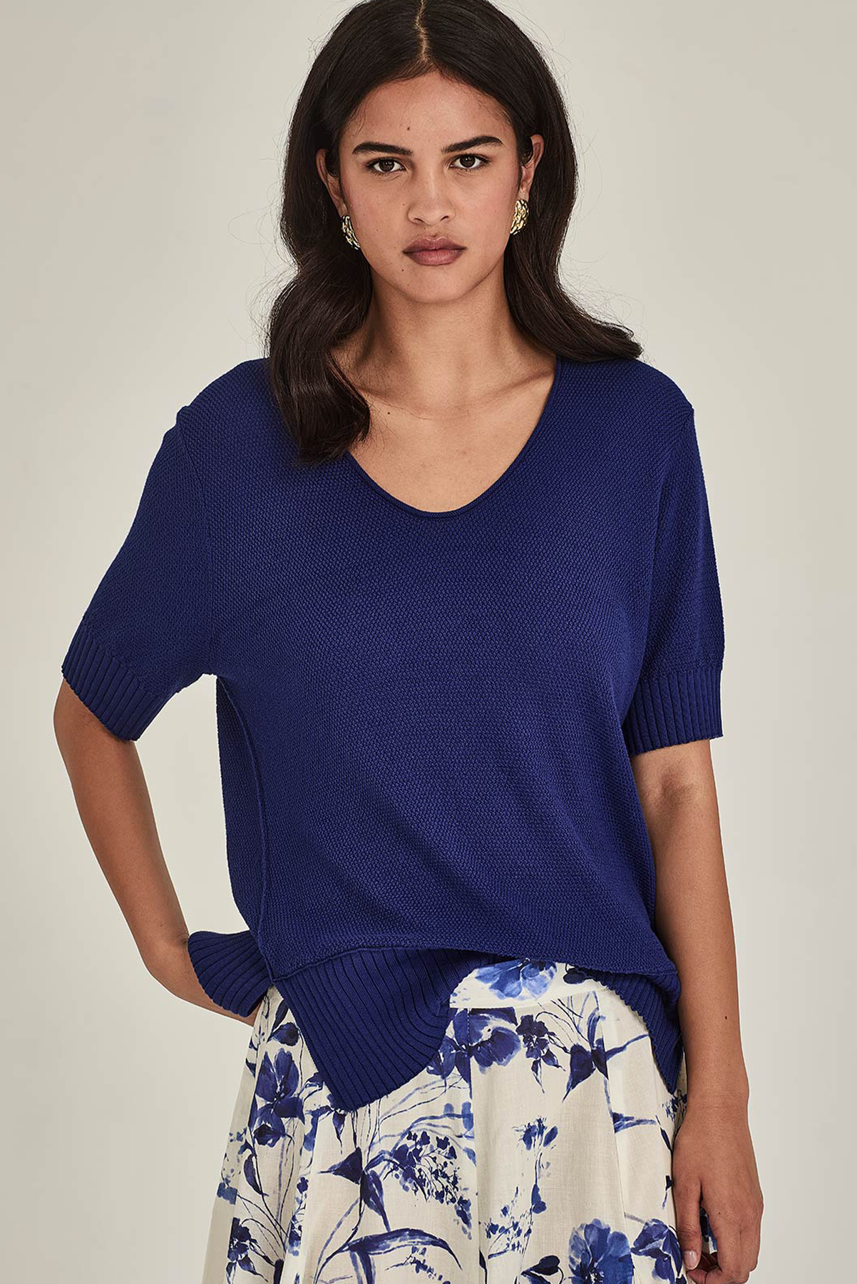 SILLS SALMA KNIT TEE COTTON TENCEL MODAL KNIT TEE COBALT BLUE CHALK WHITE