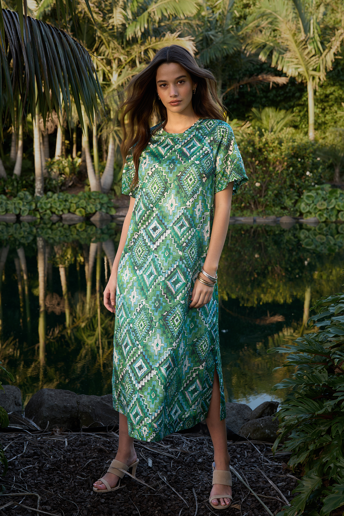 LOOBIES STORY SHINHALA DRESS VISCOSE RAYON SPANDEX GREEN PRINT MIDI DRESS
